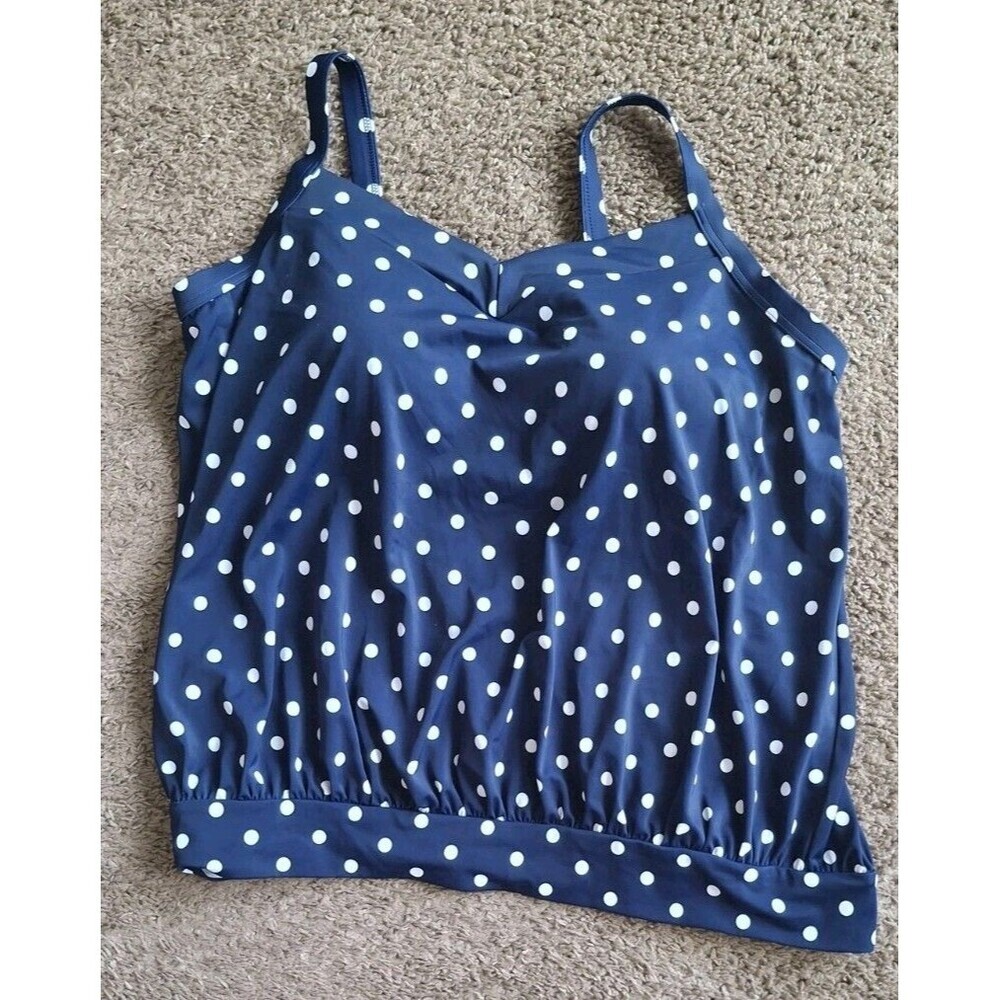 Lands End 2 Piece Swimsuit Sz 1X Blue  White Polka Dot Tankini High Waist Bottom - Picture 2 of 9